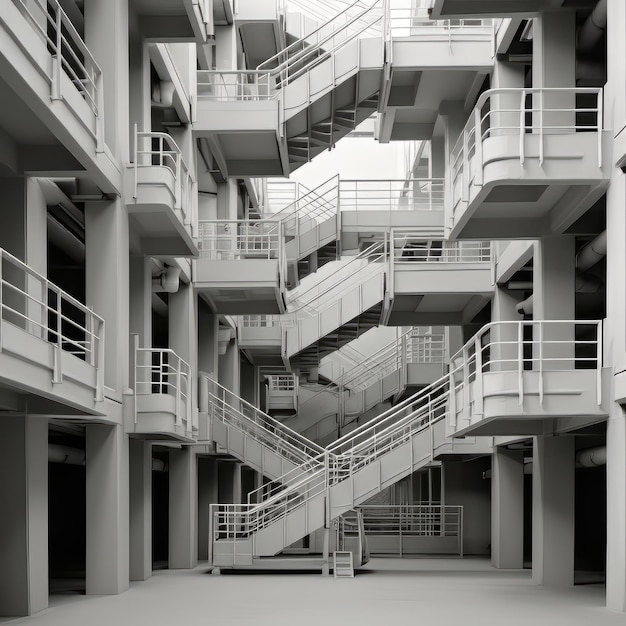 старые бетонные квартиры на участке с соединяющимися лестницами и пешеходными дорожками