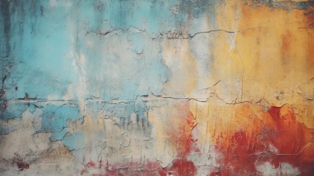 Old concrete wall with peeling pastel paint Grunge wallpaper Orange blue gray colors