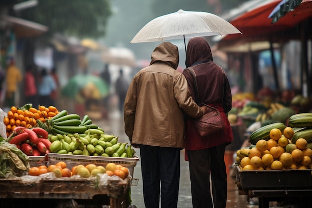 Old couple buying fresh fruits and vegetables on a farmer market Rainy autumn day Generative ai