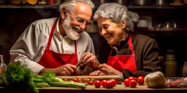 Old couple cooking a delicious and healthy meal together in their kitchen