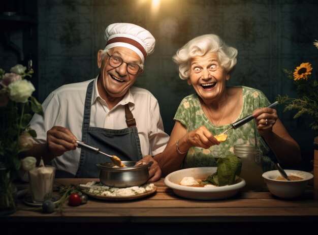 Old couple cooking at the kitchen