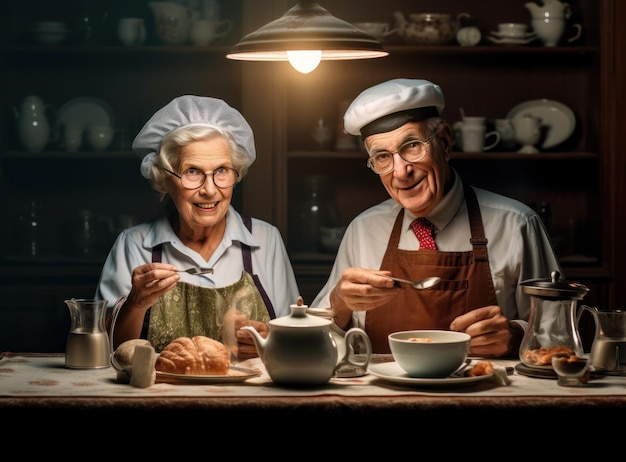 Old couple cooking at the kitchen
