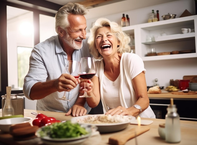 Old couple cooking at the kitchen