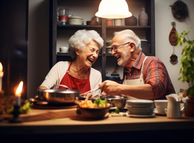 Old couple cooking at the kitchen