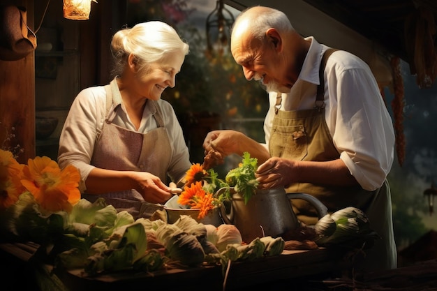 Old couple gardening Illustration AI GenerativexA