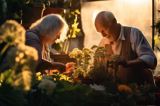 Old couple gardening Illustration AI GenerativexA