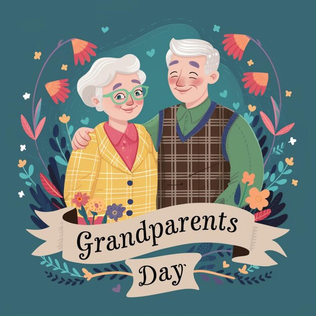 an old couple is standing in front of a banner that says grandparents day