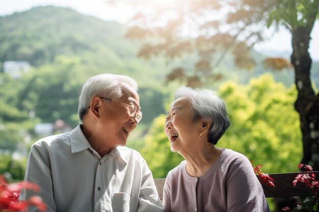 Old couple laugh outside