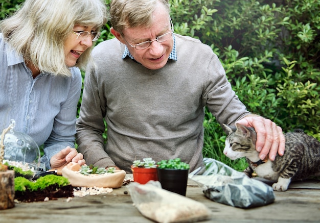 Old couple playing with cat outdoors