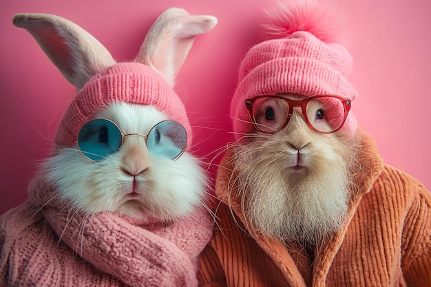 暖かい編みピンクの服を着たメガネの古いウサギやウサギのカップル