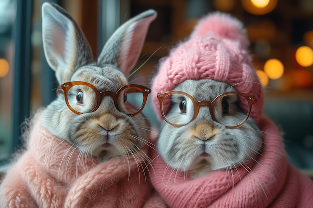 old couple of rabbits or Bunnies in glasses in the warm wearing knitted pink outfit