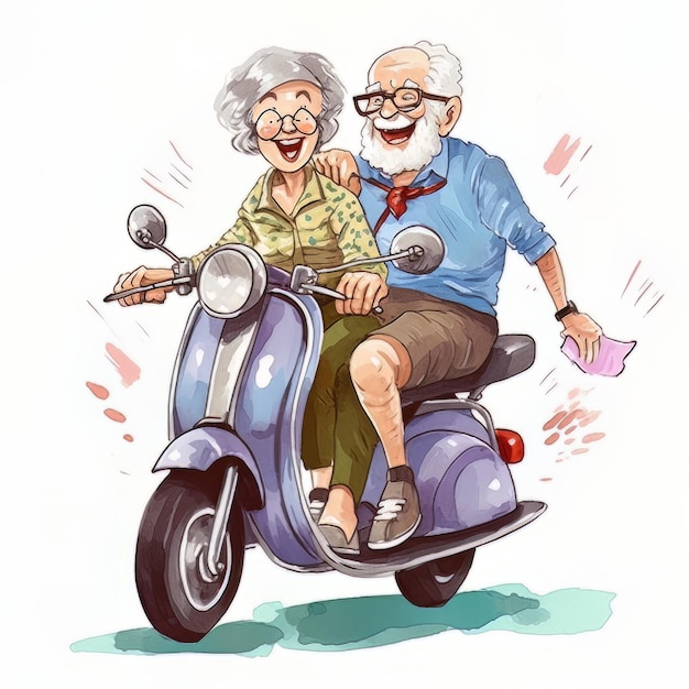 An old couple riding a scooter with a drawing of an older man and woman on it.