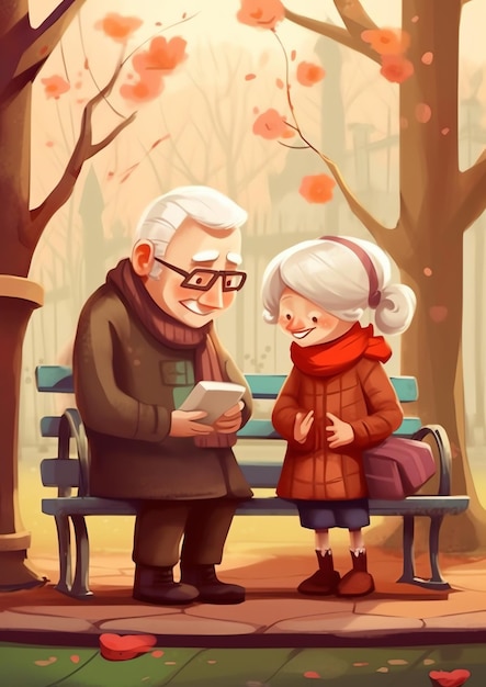 An old couple sitting on a bench in a park one of them has a phone in his hand