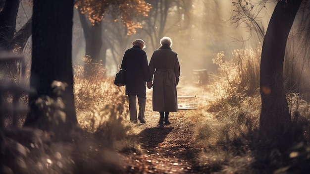 Old couple walking in the park Generative AI