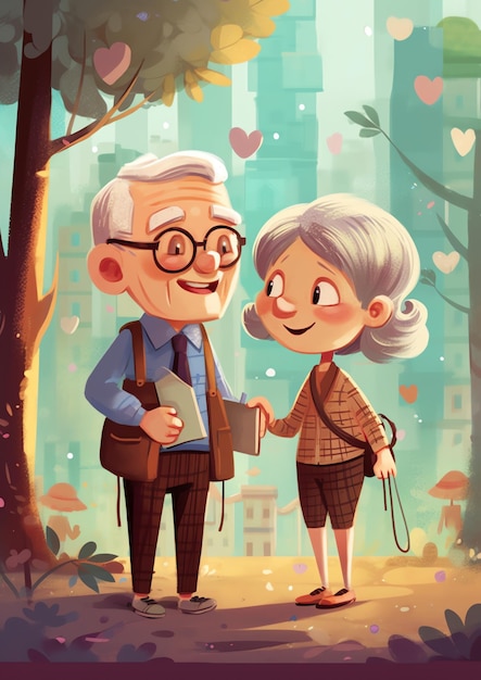 An old couple walking in the park illustration