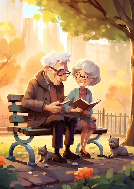 An old couple walking in the park illustration