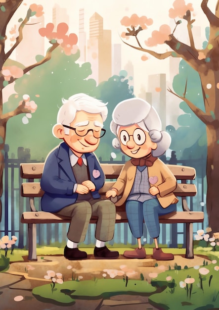 An old couple walking in the park illustration