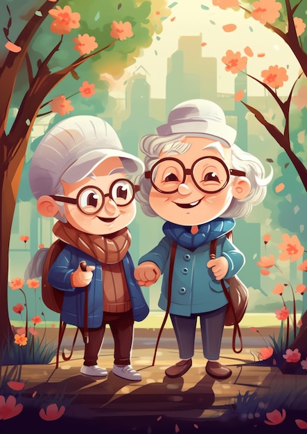 An old couple walking in the park illustration