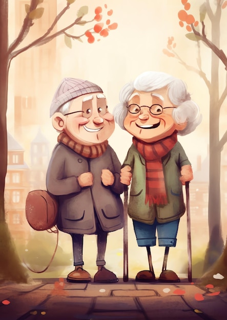 An old couple walking in the park illustration