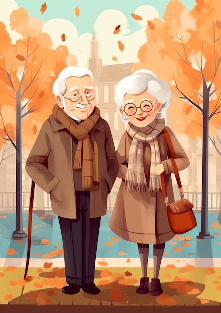 An old couple walking in the park illustration