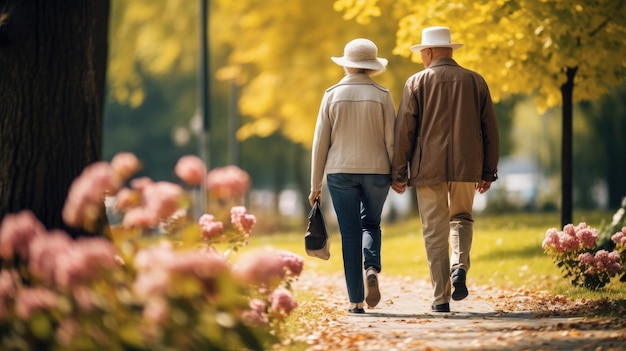 Old couple walking in the park