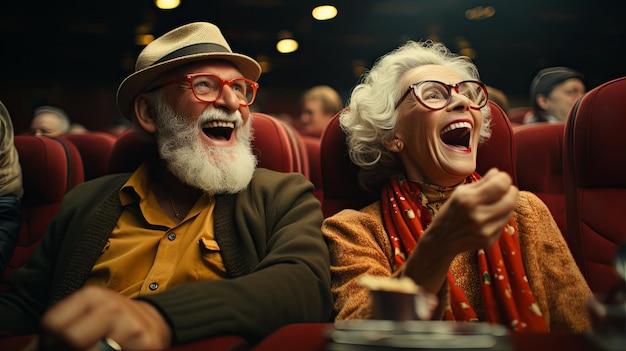 Old couple watching a movie in the cinema while eating popcorn