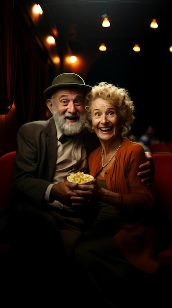 Old couple watching a movie in the cinema while eating popcorn