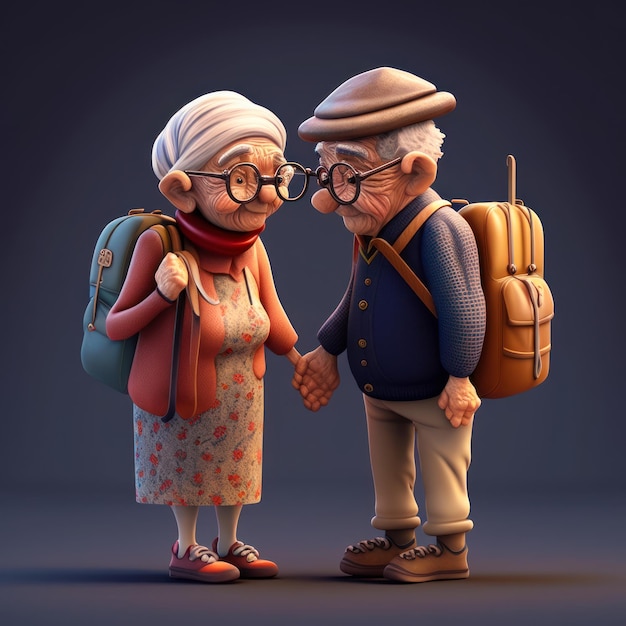 An old couple with backpacks standing next to each other Generative AI