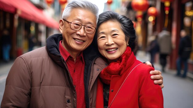 中国の新年を祝う中国の伝統服を着た老夫婦