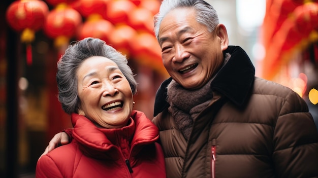 写真 中国の新年を祝う中国の伝統服を着た老夫婦