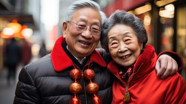 写真 中国の新年を祝う中国の伝統服を着た老夫婦