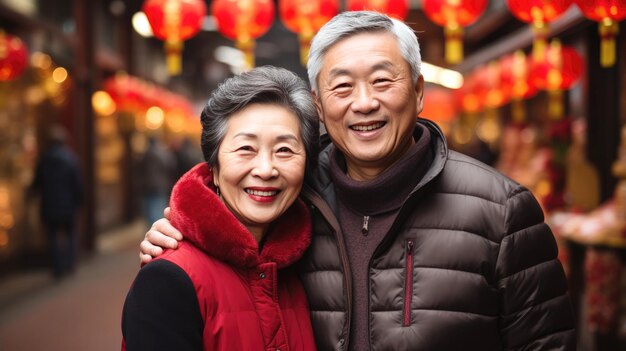 Old couple with Chinese traditional clothing celebrating Chinese new year