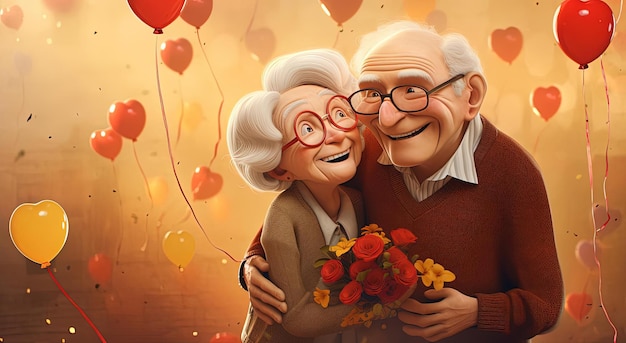 an old couple with funny faces and a happy grandparents day banner in the style of cute cartoonish