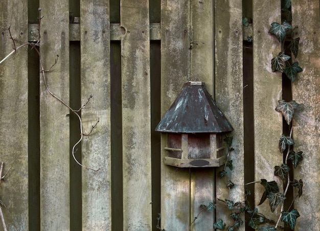 An old creepy wooden fence on a summer day in a remote village A spooky barricade on a Halloween morning with a chilling feel An eerie barrier with a strange antique rustic birdhouse on it