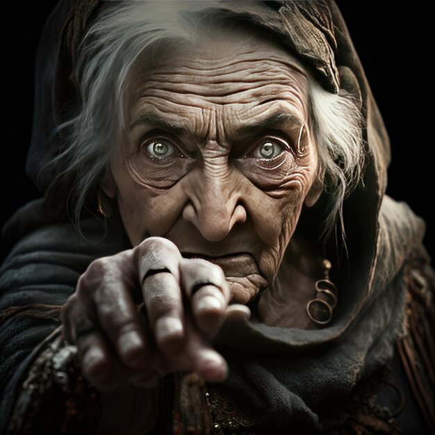 Old Crone in Ragged Clothing Pointing Her Index Finger