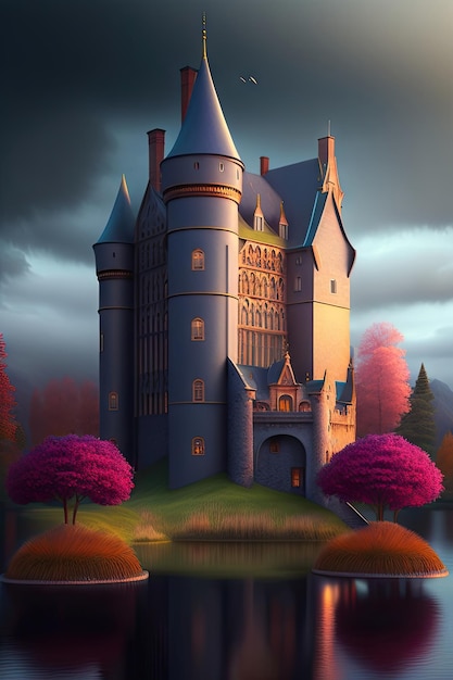 Old crumbling castle on the lake Cold dark skies autumn 3d illustration