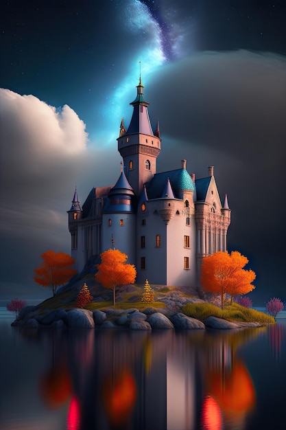 Old crumbling castle on the lake Cold dark skies autumn 3d illustration