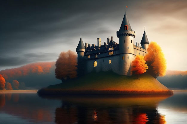 Old crumbling castle on the lake Cold dark skies autumn 3d illustration