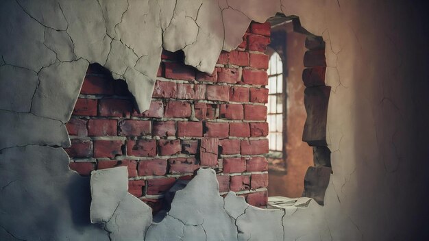 赤いレンガの壁の古い破損した石膏