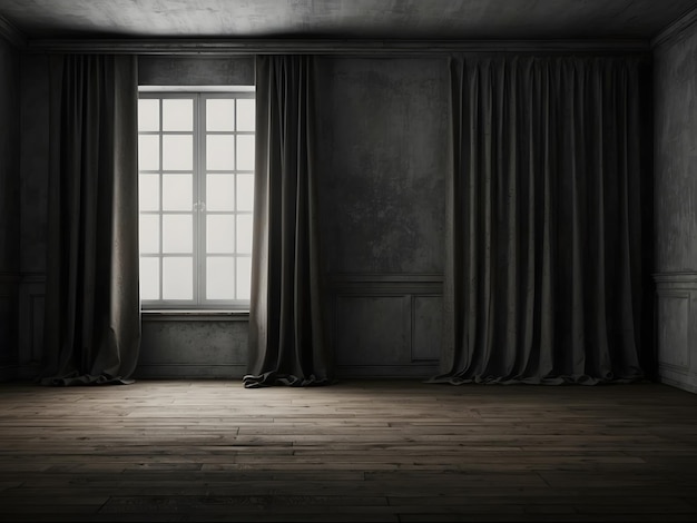 Old dark empty room with empty wall mockup and twisted curtains