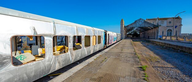 Old and deactivated railway station in the city of Barreiro carriages from Spain