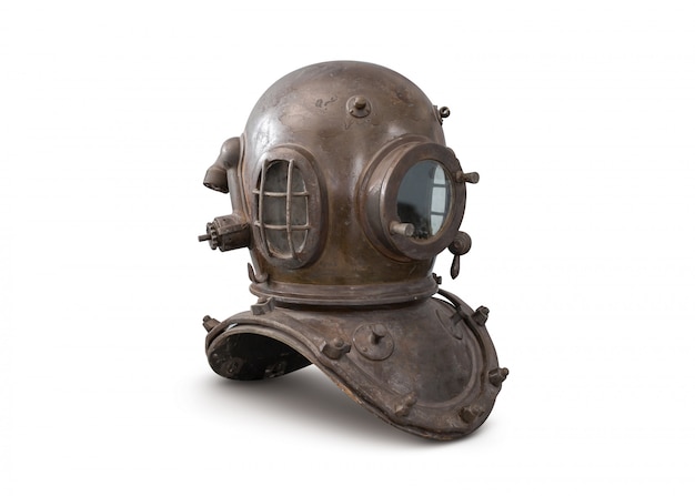 Old deep sea diving metal helmet isolated on white 