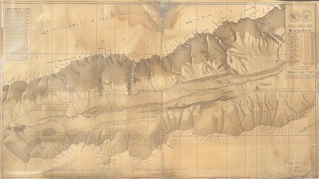 Photo old detailed map of a mountain range with contour lines the map is in a vintage style and has a sepia tone