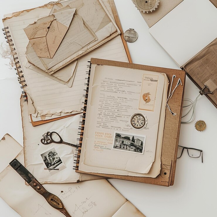 Photo old diary scrapbook isolated on white background