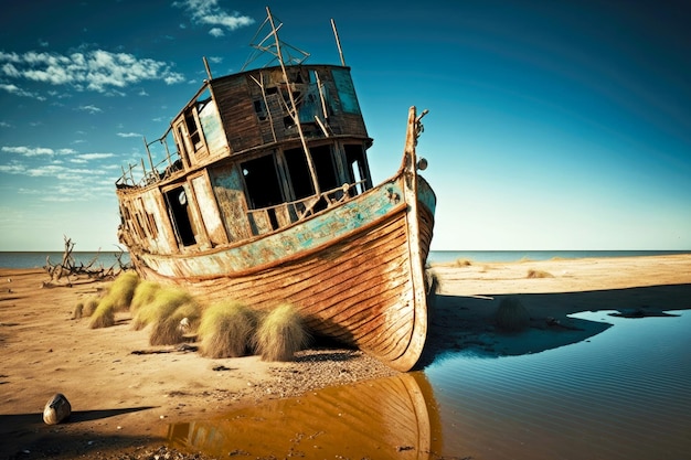 Old dirty fishing boat stands at abandoned pier