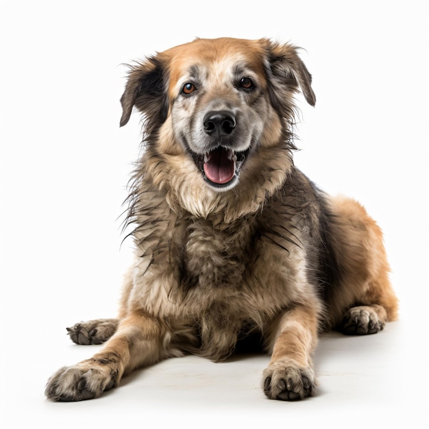 Old dog looking happy and smiling isolated on white background