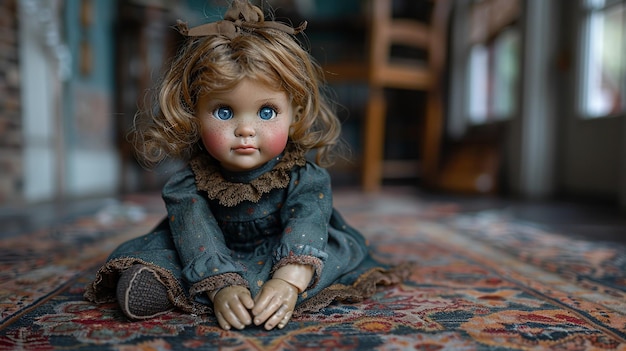 Старая кукла сидит на полу.