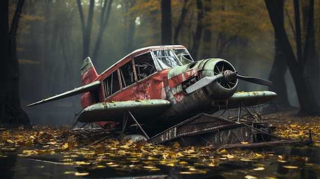 호수 연안 에 있는 오래된 추락 한 비행기
