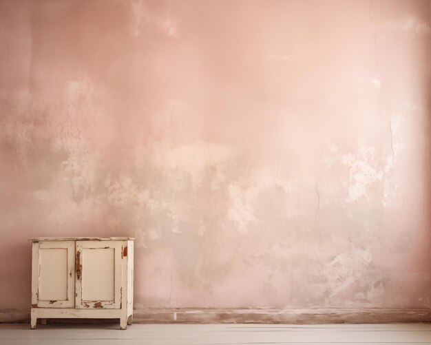 old dresser or chest of drawers near the faded pink wall rustic texture