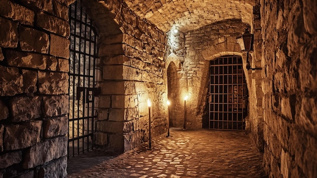 Old dungeon castle prison interior with door stone walls and torches at night Generative Ai